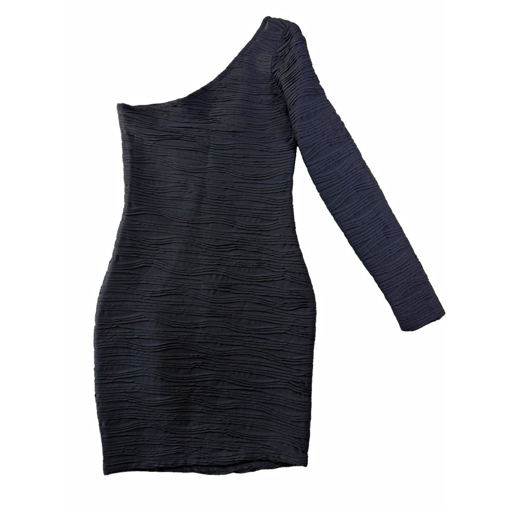bebe Women's Small Black One Shoulder Ruched Bodycon Mini Dress Long Sleeve